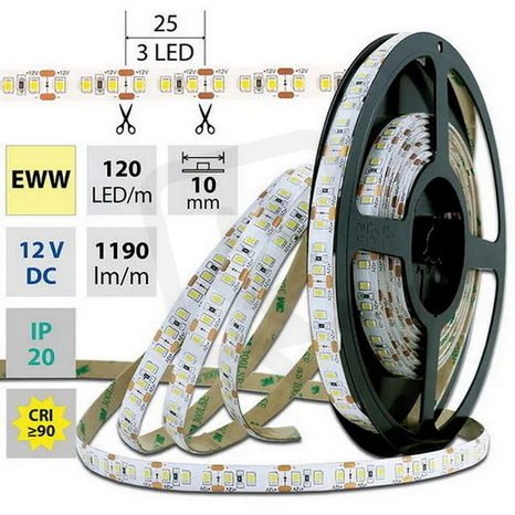 LED pásek SMD2835 EWW, 120LED/m, 14W/m, 1120lm/m, IP20, DC 12V, 10mm, 50m