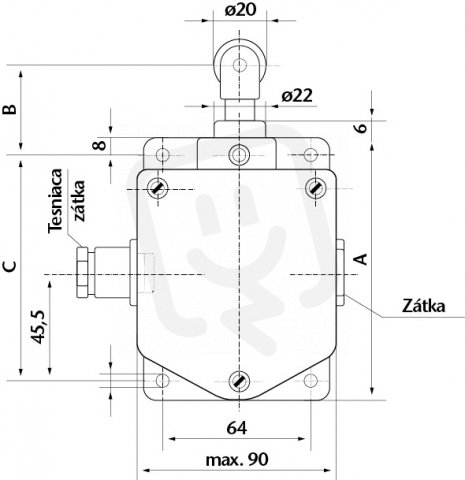 Koncový spínač kovový s kladkou a čepem, šířka 90mm UER 10G 22/14