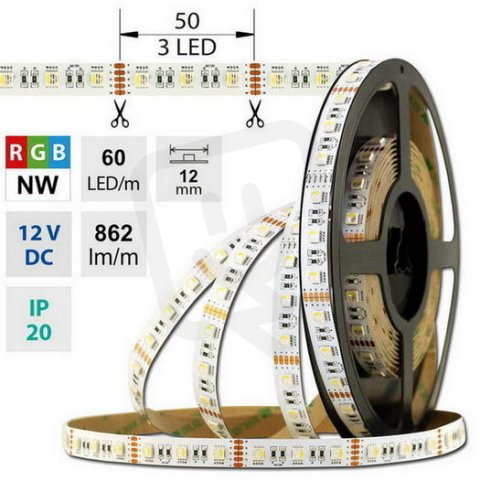 LED pásek SMD5050 RGB + NW, 60LED/m, 19,2W/m, 862lm/m, IP20, DC12V, 12mm, 5m