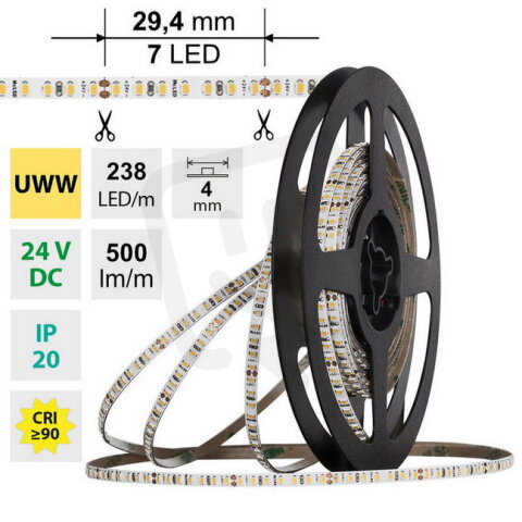 LED pásek SMD2216 UWW, 238LED/m, 7,2W/m, DC 24V, 500lm/m, CRI90, IP20, 4mm, 10m