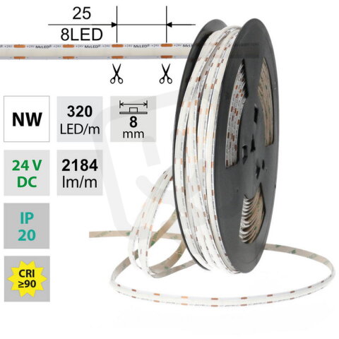 LED pásek COB NW 320LED/m 16,8W/m DC 24V 2184lm/m CRI90 IP20 modul 25mm 8mm 50m