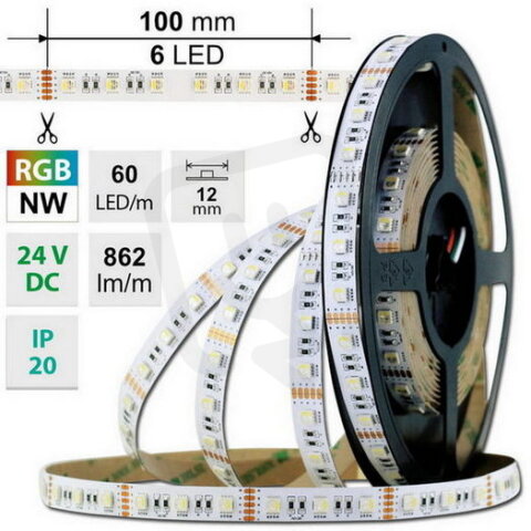 LED pásek SMD5050 RGB + NW, 60LED/m, 19,2W/m, 862lm/m, IP20, DC24V, 12mm, 50m