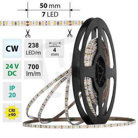 LED pásek SMD2216 CW, 238LED/m, 7,2W/m, DC 24V, 700lm/m, CRI90, IP20, 4mm, 10m