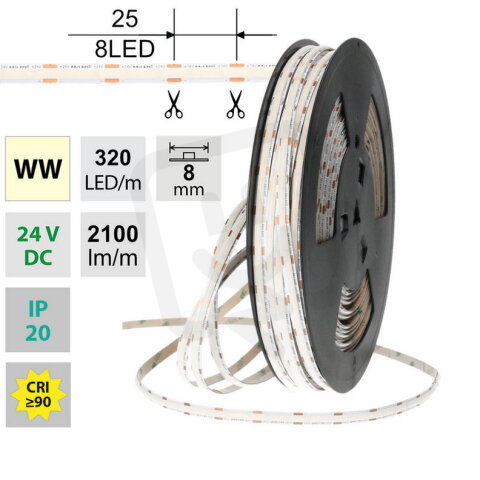 LED pásek COB WW 320LED/m 16,8W/m DC 24V 2100lm/m CRI90 IP20 modul 25mm 8mm 50m