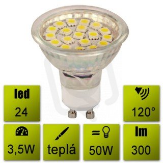 LED žárovka 3,5W GU10 24led SMD 5050 teplá