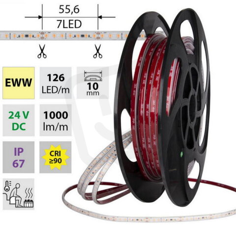 LED pásek SMD2835 EWW 126LED/m 9,6W/m DC 24V 1000lm/m CRI90 IP67 105°C 10mm 5m