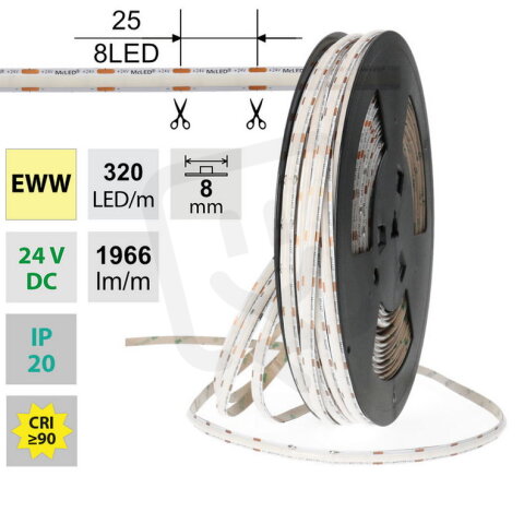 LED pásek COB EWW 320LED/m 16,8W/m DC 24V 1966lm/m CRI90 IP20 modul 25mm 8mm 50m