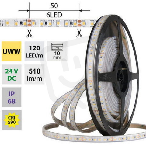 LED pásek SMD2835 UWW, 120LED/m, 9,6W/m, DC 24V, 510lm/m, CRI90, IP68, 10mm, 5m