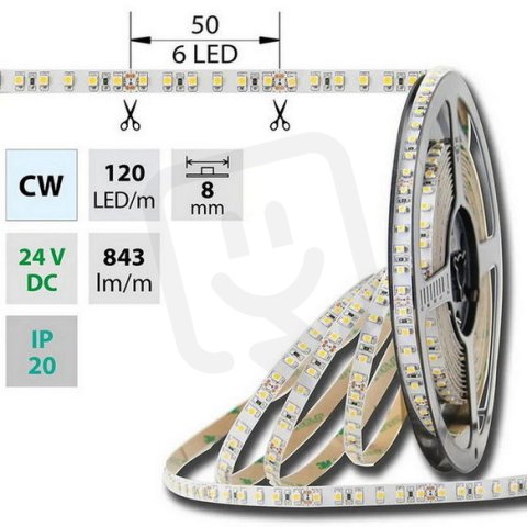LED pásek SMD3528 CW, 120LED, IP20, 5m, 24V, 9,6 W/m MCLED ML-126.230.60.0