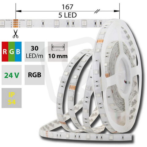 LED pásek SMD5050 RGB, 30LED/m, 8,5W/m, DC24V, 248lm/m, IP54, 10mm, 10m