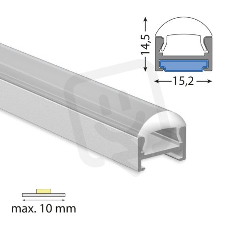 Přisazený hliníkový profil PDA 15x14 mm, včetně čirého difuzoru s čočkou, 2 m