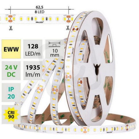 LED pásek SMD2835 EWW 128LED/m 11,5W/m DC 24V 1935lm/m CRI90 IP20 10mm 50m