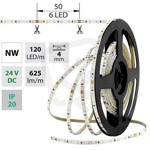 LED pásek SMD2216 NW, 120LED/m, 7,2W/m, 625lm/m, IP20, DC 24V, 4mm, 5m