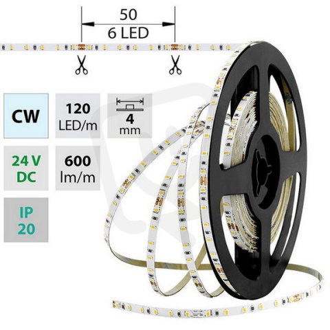 LED pásek SMD2216 CW, 120LED/m, 7,2W/m, 600lm/m, IP20, DC 24V, 4mm, 5m