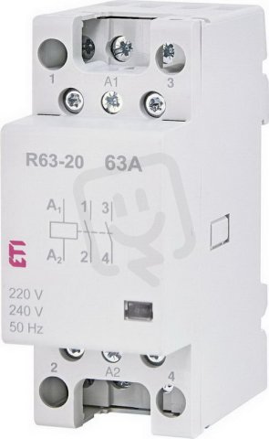 Modulární stykač R 63-20 230V, 2p, 1M, kontakty 2xNO,63A, 230V AC ETI 002463482