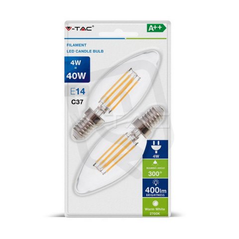 LED žárovka V-TAC 5.5W E14 Filament svíčka Warm White 2 PCS/Blister VT-2104