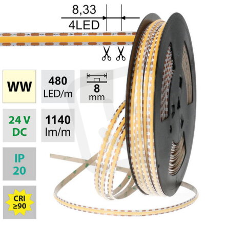 LED pásek COB WW 480LED/m 12W/m DC 24V 1140lm/m CRI90 IP20 modul 8,33mm 8mm 50m