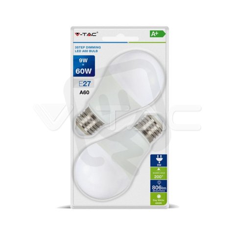 LED žárovka V-TAC 9W A60 LED Plastic 3 Step Dimming Warm White E27 2 pcs VT-2129