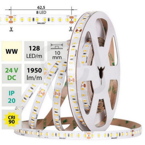 LED pásek SMD2835 WW 128LED/m 11,5W/m DC 24V 1950lm/m CRI90 IP20 10mm 50m