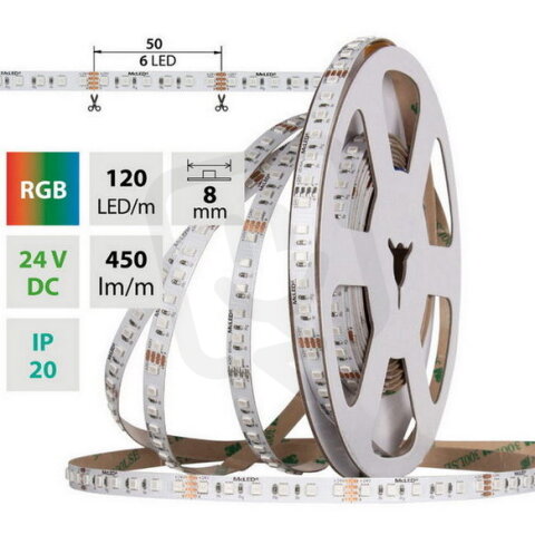 LED pásek SMD2835 RGB, 120LED/m, 14,4W/m, DC 24V, 450lm/m, IP20, 8mm, 5m