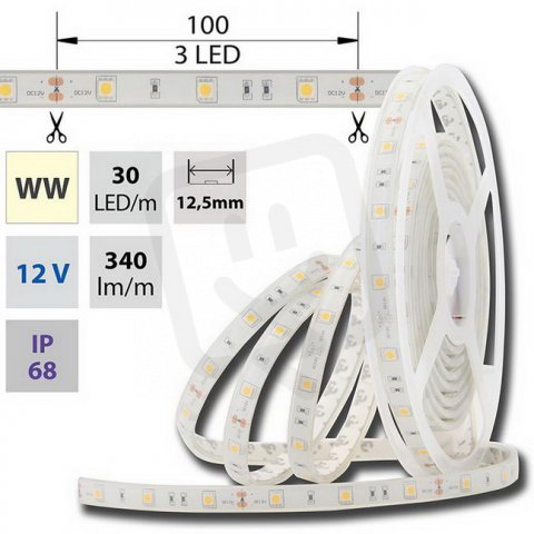 LED pásek SMD5050 WW, 30LED/m, IP68, 5m, 12V, 7,2 W/m