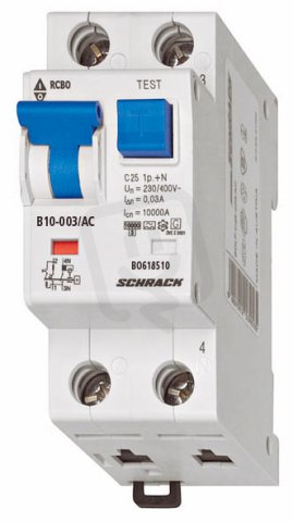 Jistič s proudovým chráničem 10 kA, 1+N, B10A, 30 mA, AC SCHRACK BO618510--