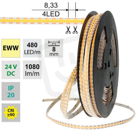 LED pásek COB EWW 480LED/m 12W/m DC 24V 1080lm/m CRI90 IP20 modul 8,33mm 8mm 50m