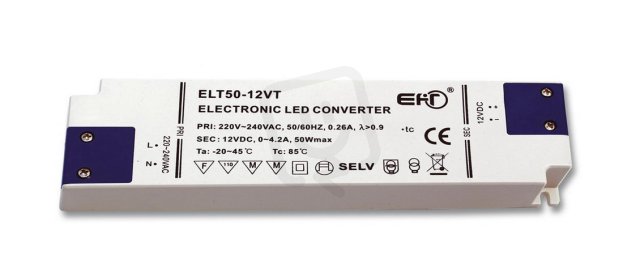 Elektronické trafo,230V-12V,4,2A,50W, 1,6mm,IP20 ECOLITE DX-WP-50W/SLIM