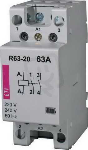 Modulární stykač R 63-02 230V, 2p, 1M, kontakty 2xNC,63A, 230V AC ETI 002463486