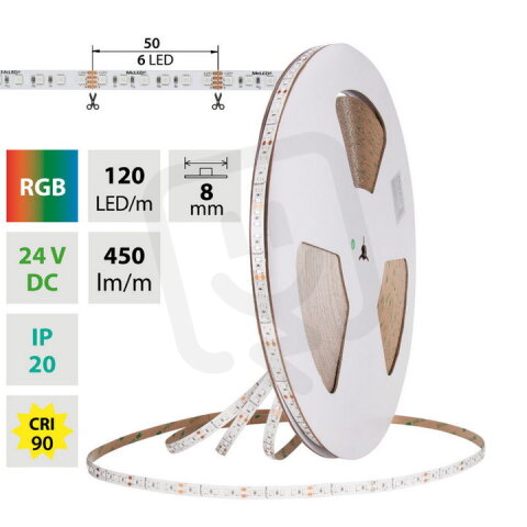 LED pásek SMD2835 RGB, 120LED/m, 14,4W/m, DC 24V, 450lm/m, IP20, 8mm, 50m