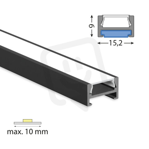 Přisazený hliníkový profil černý PDA 15x9mm včetně mléčného difuzoru 2m