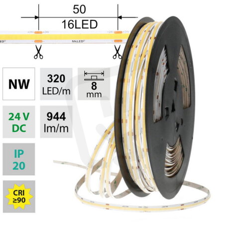 LED pásek COB NW 320LED/m 8W/m DC 24V 944lm/m CRI90 IP20 modul 50mm 8mm 50m