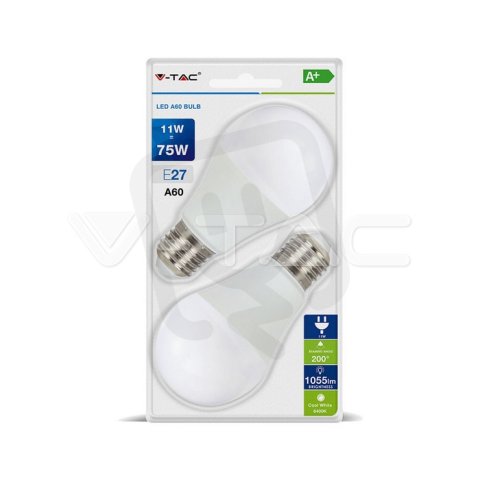 LED žárovka V-TAC 11W A60 Warm White E27 2 pcs Blister Pack VT-2111