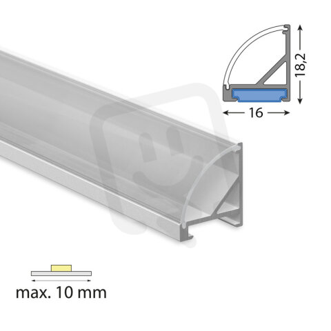 Rohový hliníkový profil RC 18x16 mm včetně čirého difuzoru 1 m