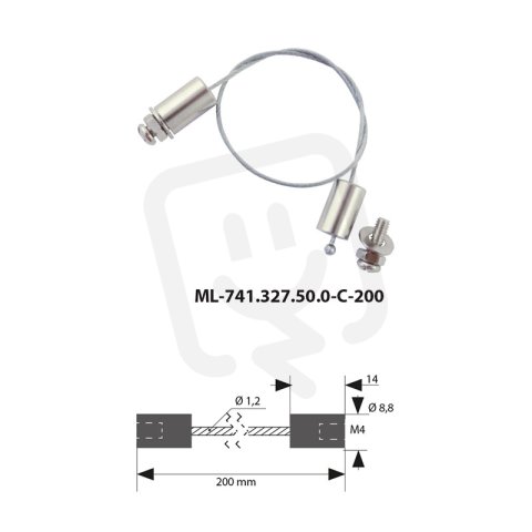 Závěsné ocelové lanko, 1,2x200mm, zakončené válečkem 14 x 8,8mm M4