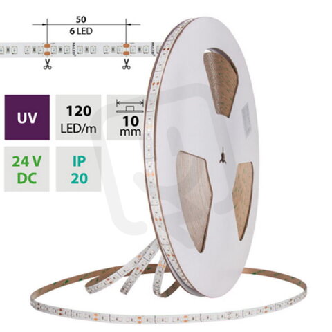 LED pásek SMD2835 UVA-405nm, 120LED/m, 14,4W/m, DC 24V, IP20, 10mm, 50m