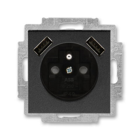 ABB Levit M Zásuvka s kolíkem s clonkami s nabíjením 2x USB onyx/kouřová černá