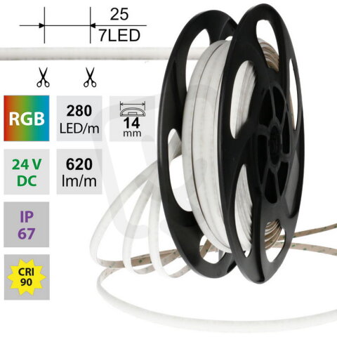 LED pásek Dot-Free RGB 280LED/m 14W/m DC 24V 620lm/m IP54 modul 25mm 12mm 50m