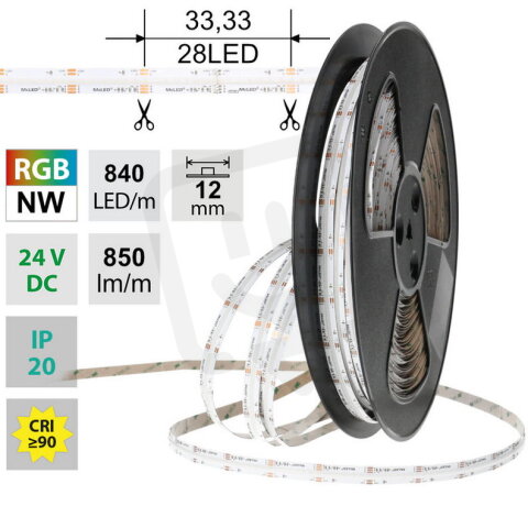 LED pásek COB RGB + NW 840LED/m 18W/m DC24V 850lm/m CRI90 IP20 12mm 50m