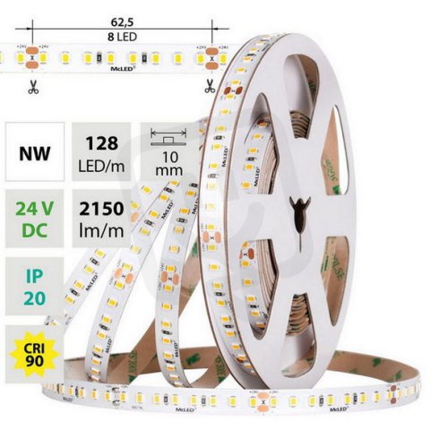 LED pásek SMD2835 NW, 128LED/m, 11,5W/m, DC 24V, 2150lm/m, CRI90, IP20, 10mm, 5m