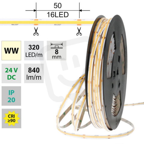 LED pásek COB WW 320LED/m 8W/m DC 24V 840lm/m CRI90 IP20 modul 50mm 8mm 50m