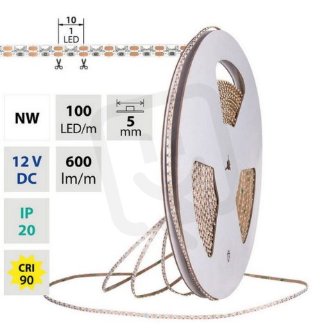 LED pásek stranový SMD3014 NW 100LED/m 6W/m 600lm/m CRI90 IP20 DC12V 5mm 50m