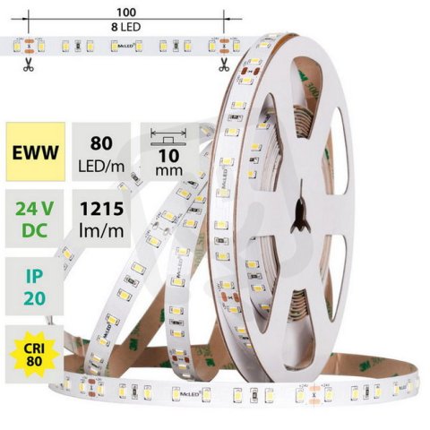 LED pásek SMD2835 EWW, 80LED/m, 7,2W/m, DC 24V, 1215lm/m, CRI90, IP20, 10mm, 50m